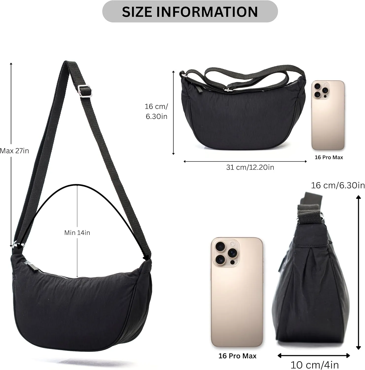 Crescent Moon Shoulder Bag for Women  Lightweight Fabric Crossbody Hobo Sling with Zip Pocket  Sky