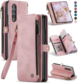 Defencase Wallet Case Compatible with Samsung Galaxy Z Fold 4 with RFID Blocking Card Holder & S Pen Holder PU Leather Magnetic Snap Flip Zipper Strap Phone Case Fit for Galaxy Z Fold 4, Rose Pink