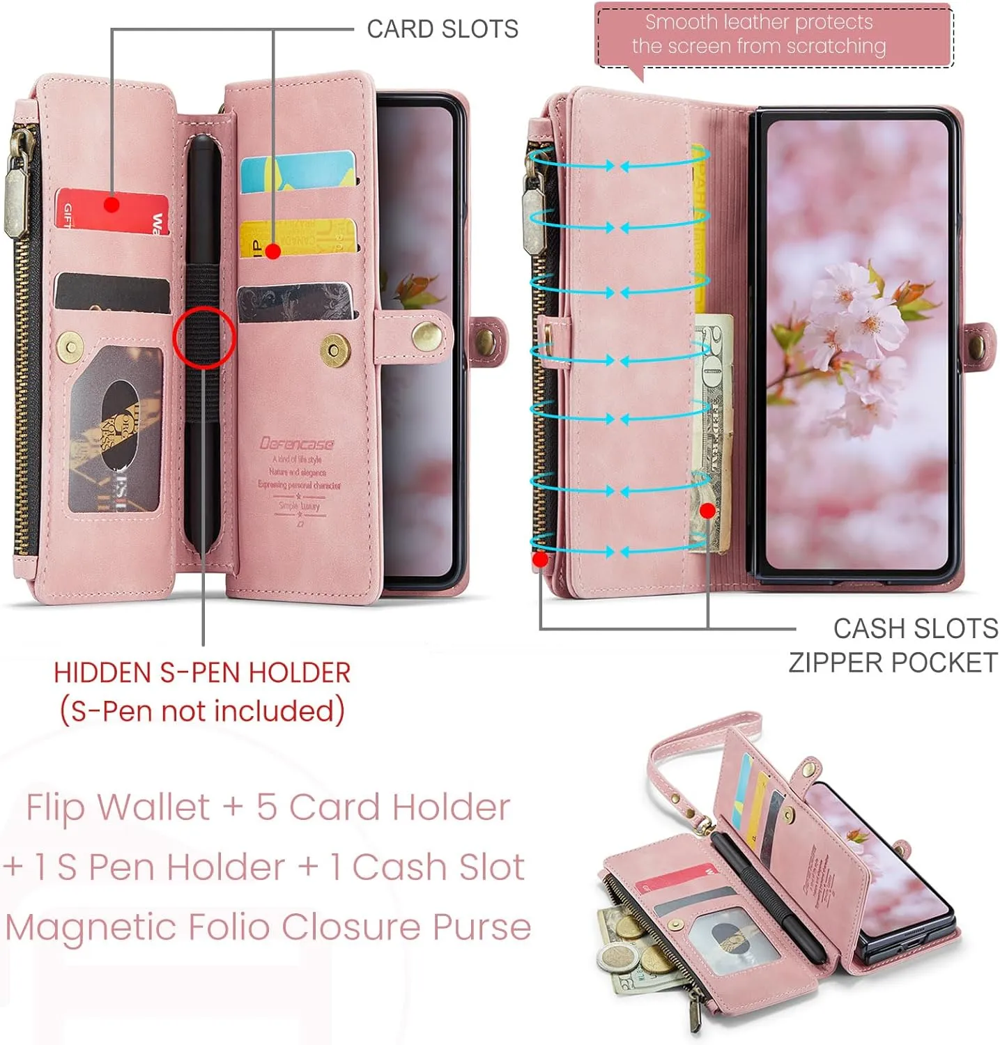 Defencase Wallet Case Compatible with Samsung Galaxy Z Fold 4 with RFID Blocking Card Holder & S Pen Holder PU Leather Magnetic Snap Flip Zipper Strap Phone Case Fit for Galaxy Z Fold 4, Rose Pink