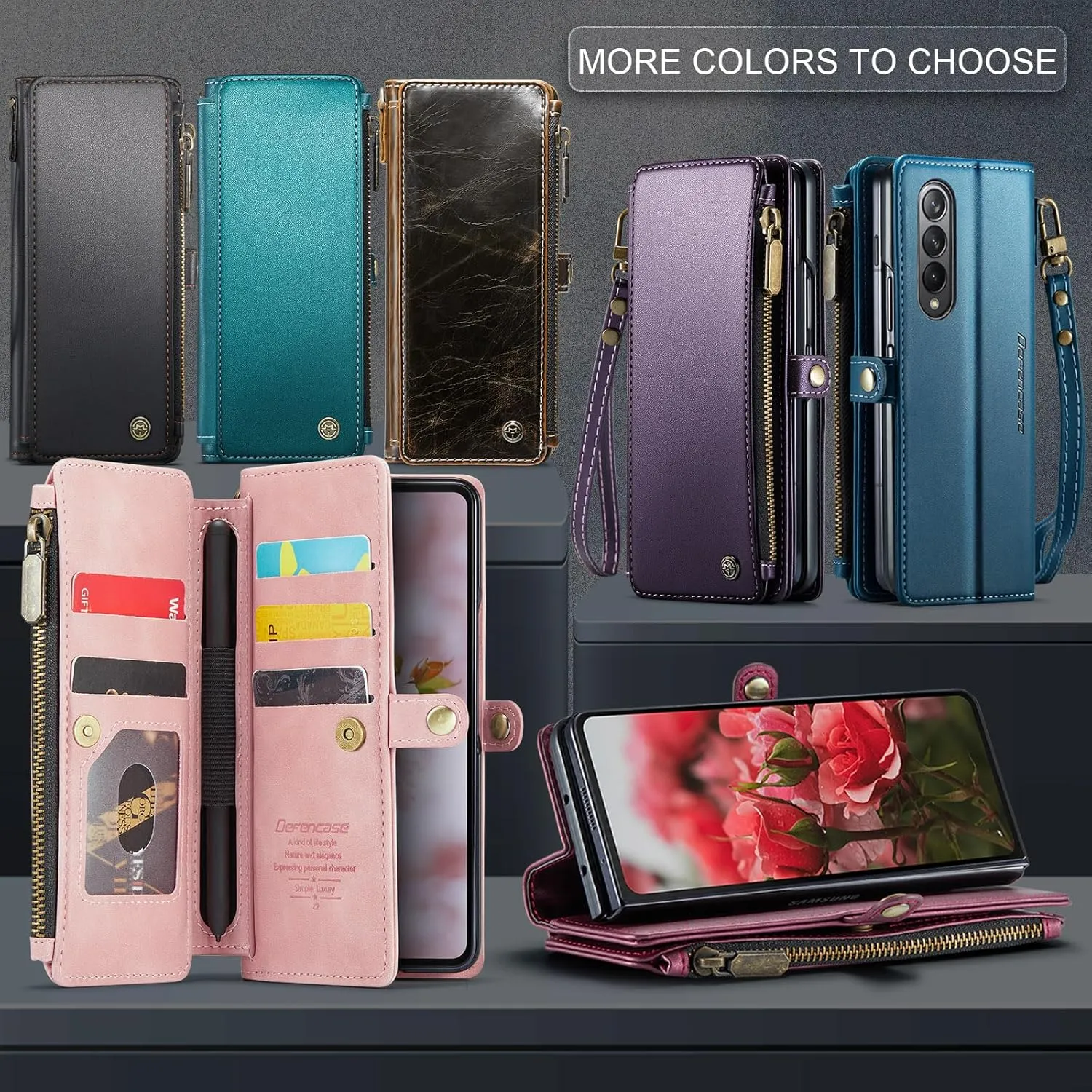 Defencase Wallet Case Compatible with Samsung Galaxy Z Fold 4 with RFID Blocking Card Holder & S Pen Holder PU Leather Magnetic Snap Flip Zipper Strap Phone Case Fit for Galaxy Z Fold 4, Rose Pink