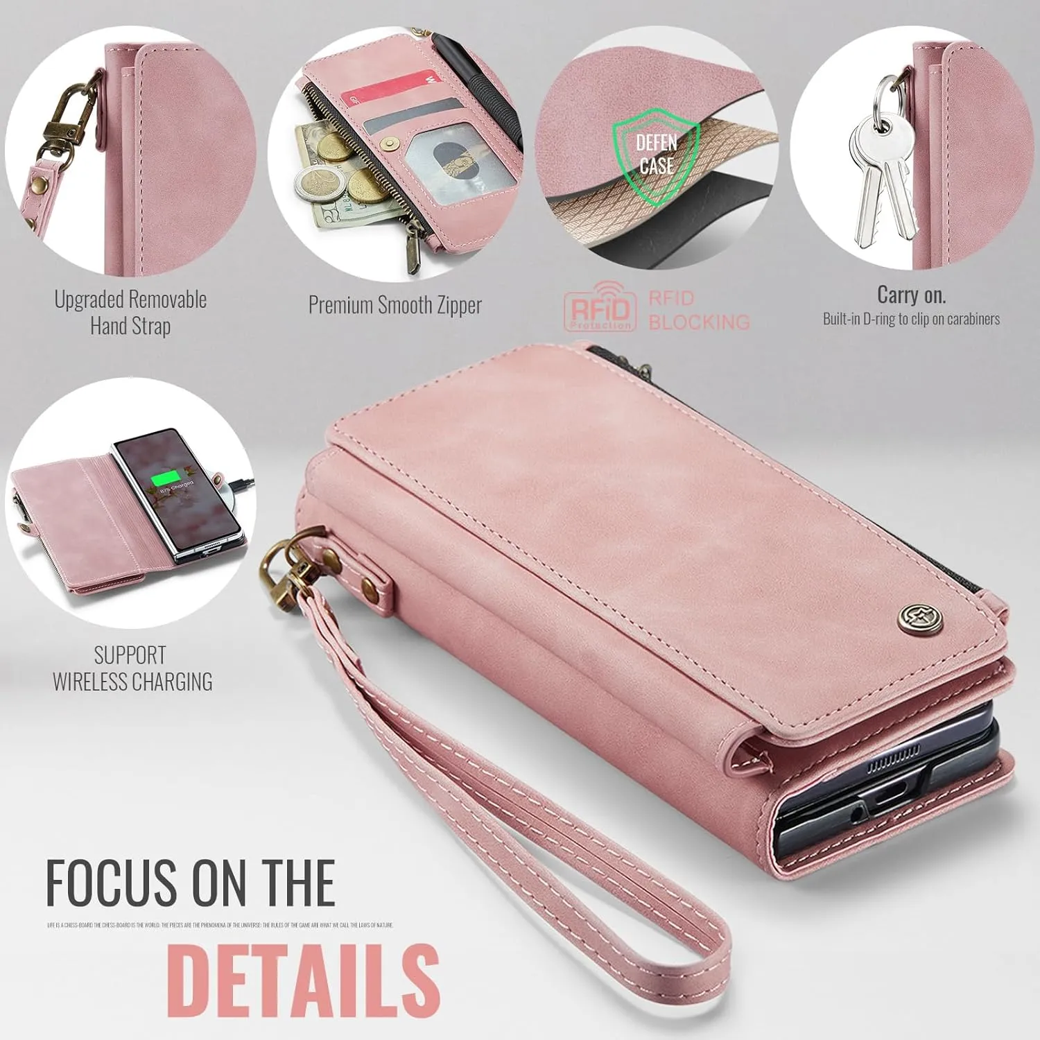 Defencase Wallet Case Compatible with Samsung Galaxy Z Fold 4 with RFID Blocking Card Holder & S Pen Holder PU Leather Magnetic Snap Flip Zipper Strap Phone Case Fit for Galaxy Z Fold 4, Rose Pink