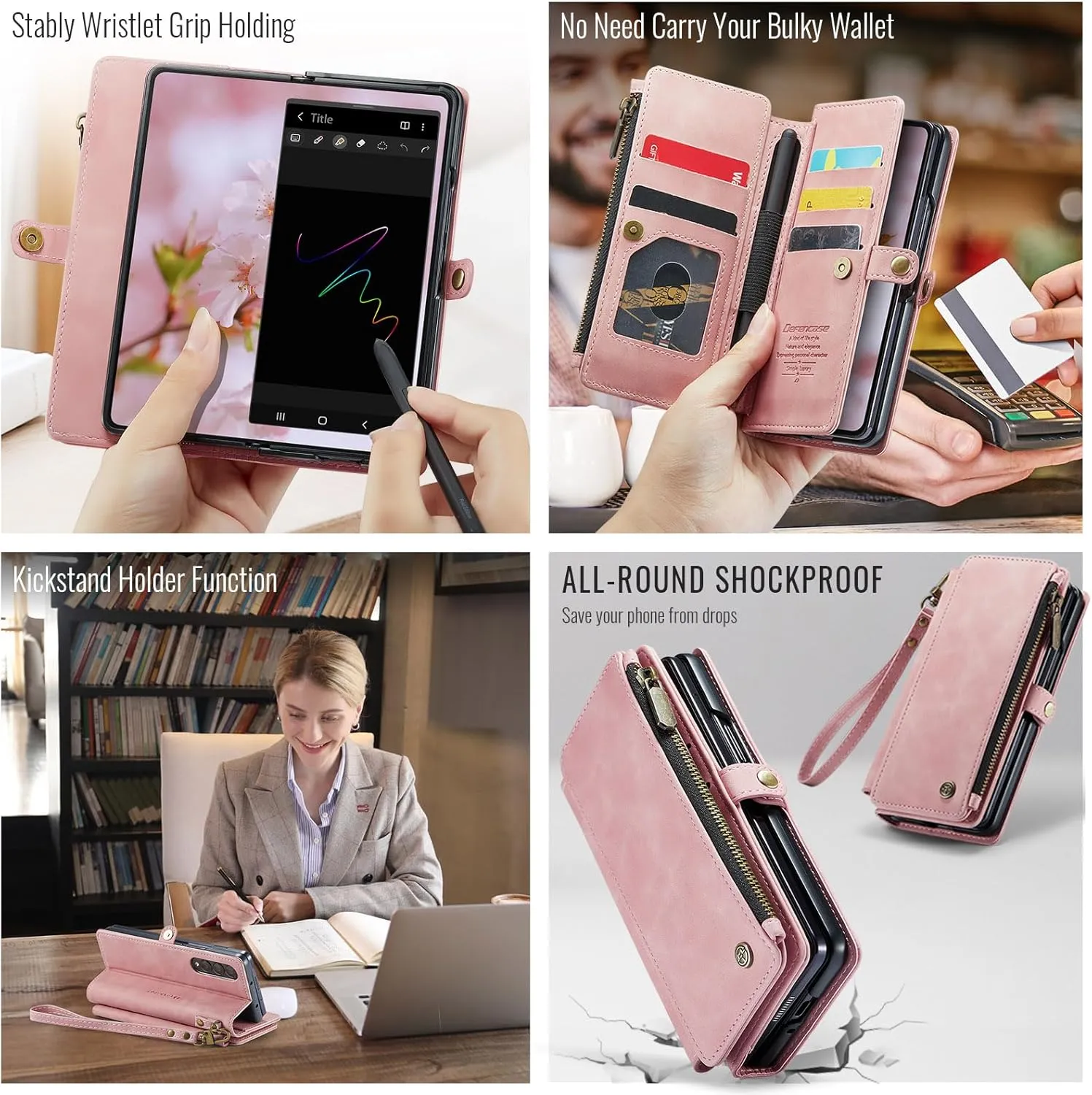 Defencase Wallet Case Compatible with Samsung Galaxy Z Fold 4 with RFID Blocking Card Holder & S Pen Holder PU Leather Magnetic Snap Flip Zipper Strap Phone Case Fit for Galaxy Z Fold 4, Rose Pink