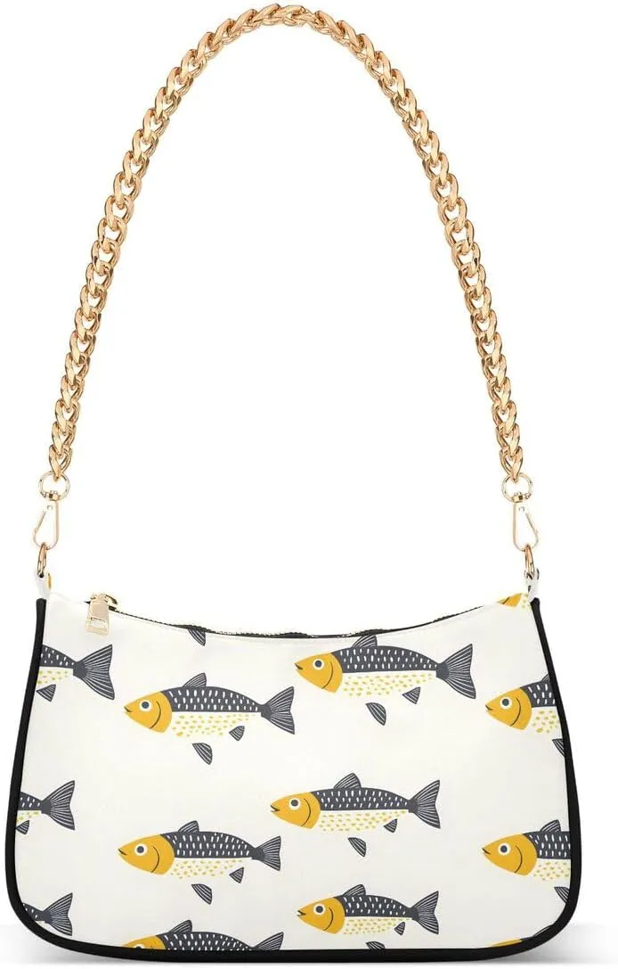 Fish Yellow Tote Bag Shoulder Bag Hobo Handbag for Women Ladies Mini Clutch Purse with Zipper Closure
