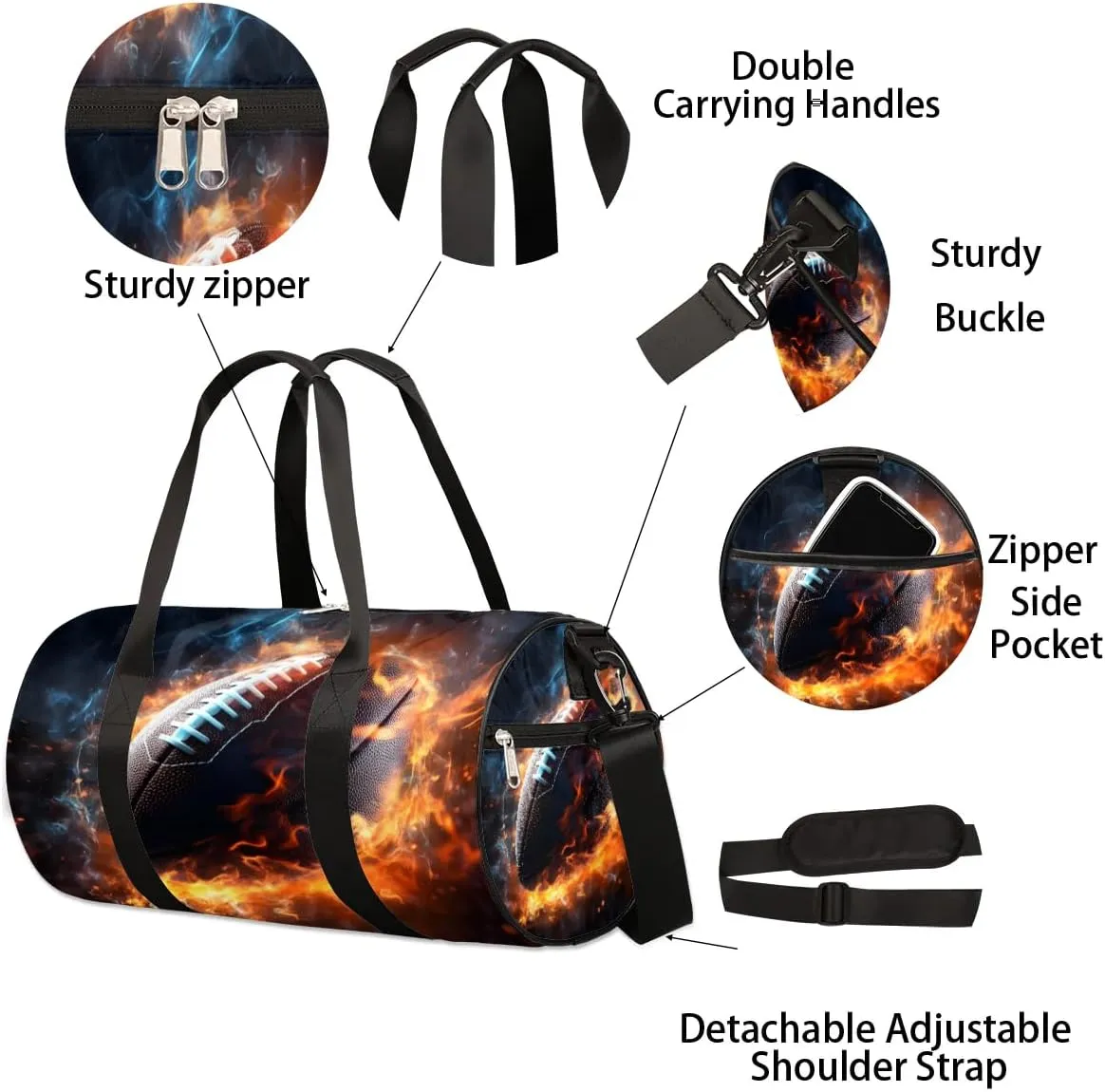 Flaming Football Travel Duffle Bag Gym Bag for Women Men Lightweight Carry on Duffel Bag for Sports Gyms Weekend Getaway