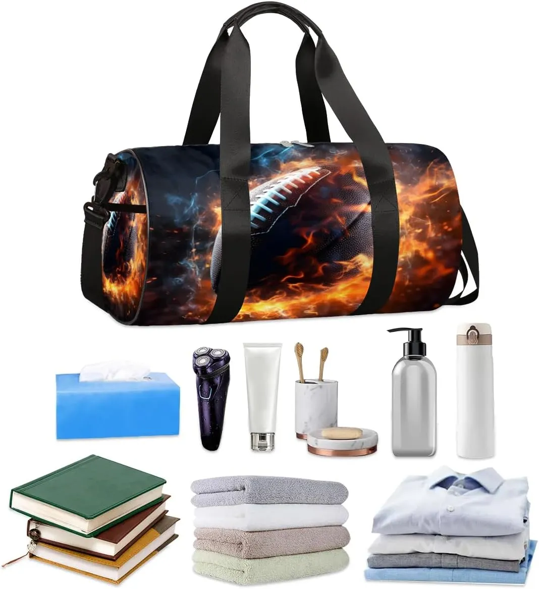 Flaming Football Travel Duffle Bag Gym Bag for Women Men Lightweight Carry on Duffel Bag for Sports Gyms Weekend Getaway