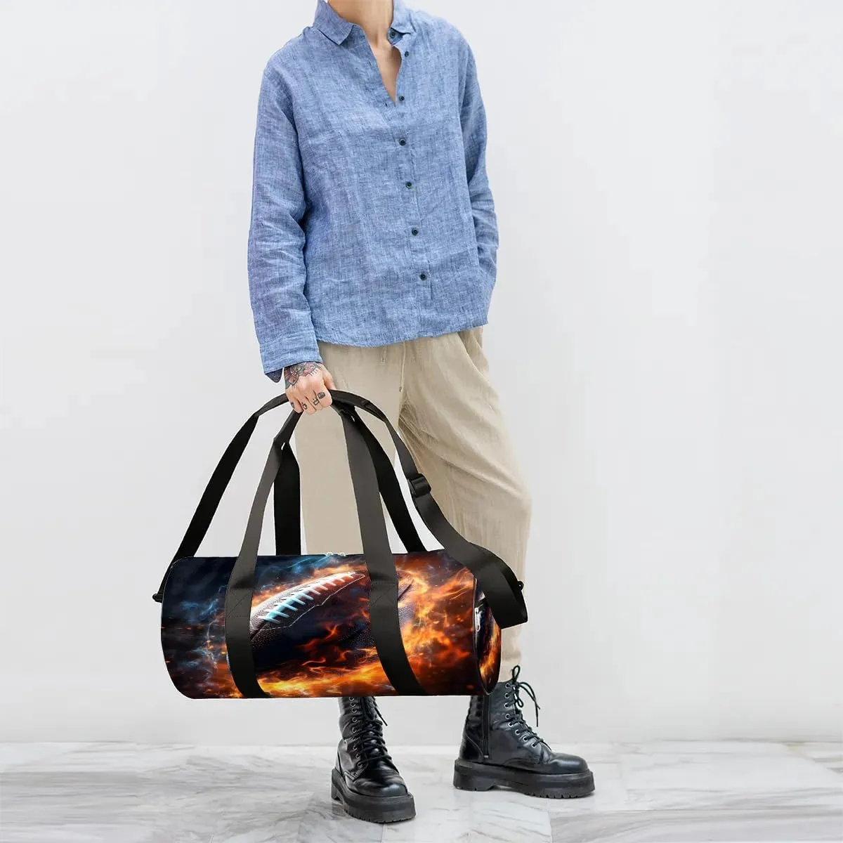 Flaming Football Travel Duffle Bag Gym Bag for Women Men Lightweight Carry on Duffel Bag for Sports Gyms Weekend Getaway