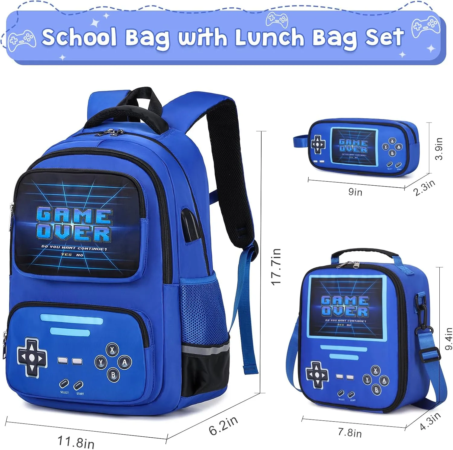 Gamer Backpack for Boys - Cool Luminous School Backpack for Boys with Lunch Bag Pencil Case - Kids Boys Backpack