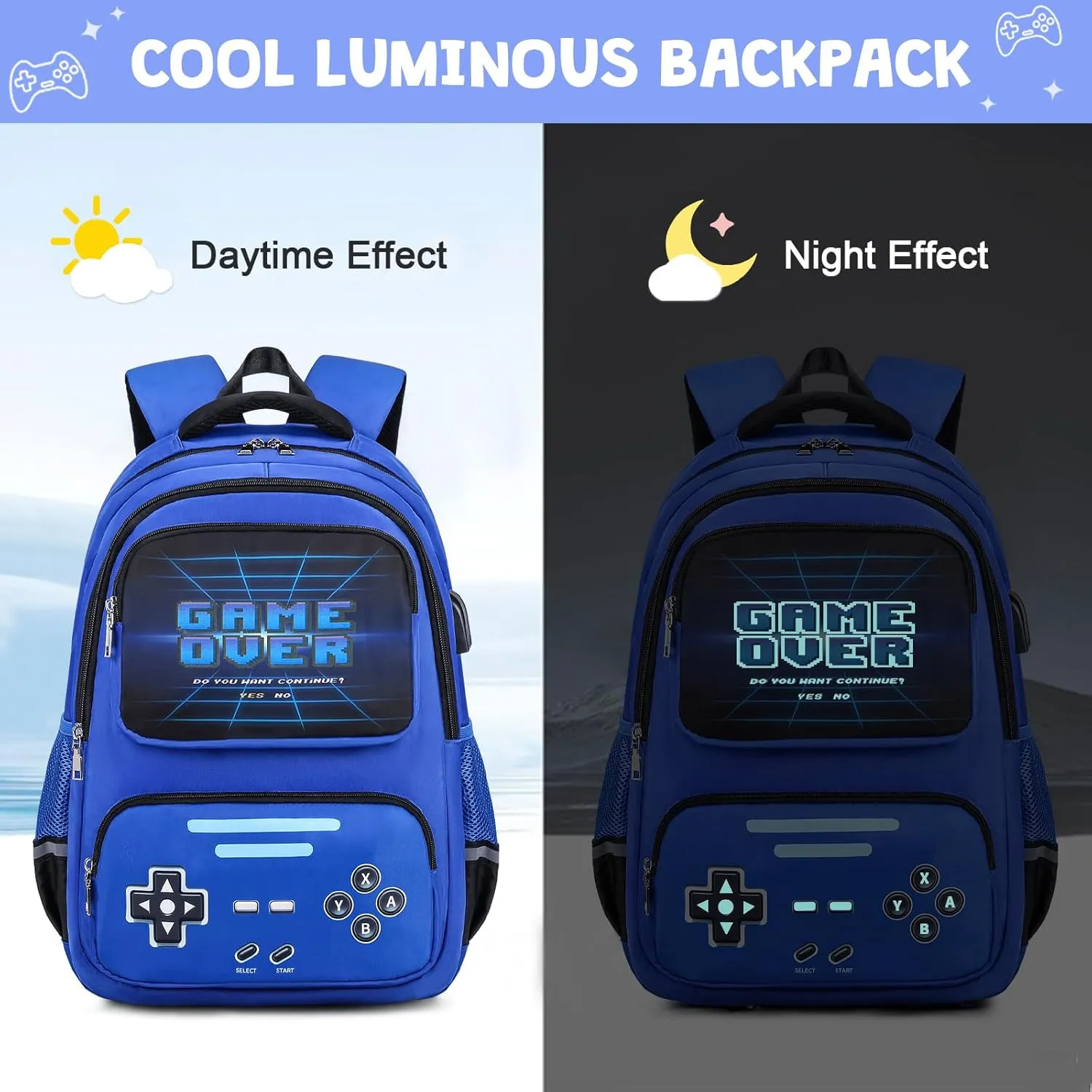 Gamer Backpack for Boys - Cool Luminous School Backpack for Boys with Lunch Bag Pencil Case - Kids Boys Backpack