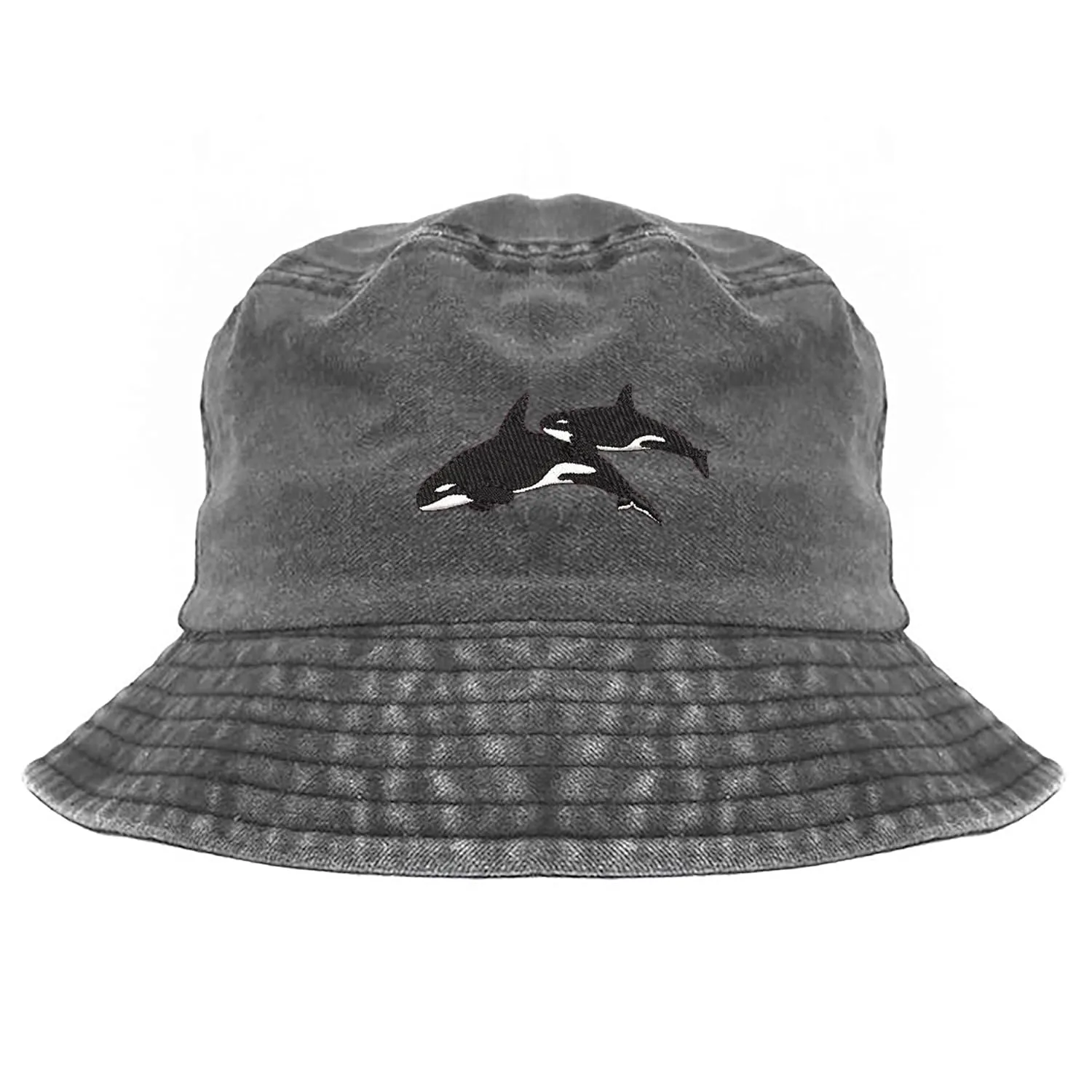 Gift for animal lover, Orca killer whale embroidered cotton bucket hat, washed bucket hat, pigment dyed bucket hat (black), camping hat, killer whale Orca embroidered bucket hat, summer hat