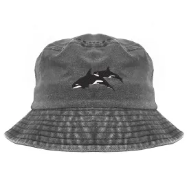 Gift for animal lover, Orca killer whale embroidered cotton bucket hat, washed bucket hat, pigment dyed bucket hat (black), camping hat, killer whale Orca embroidered bucket hat, summer hat
