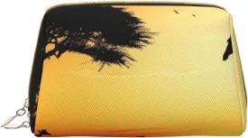 Giraffe Sunset printed Leather Portable Cosmetic Bag Toiletry Bag Clutch Bag