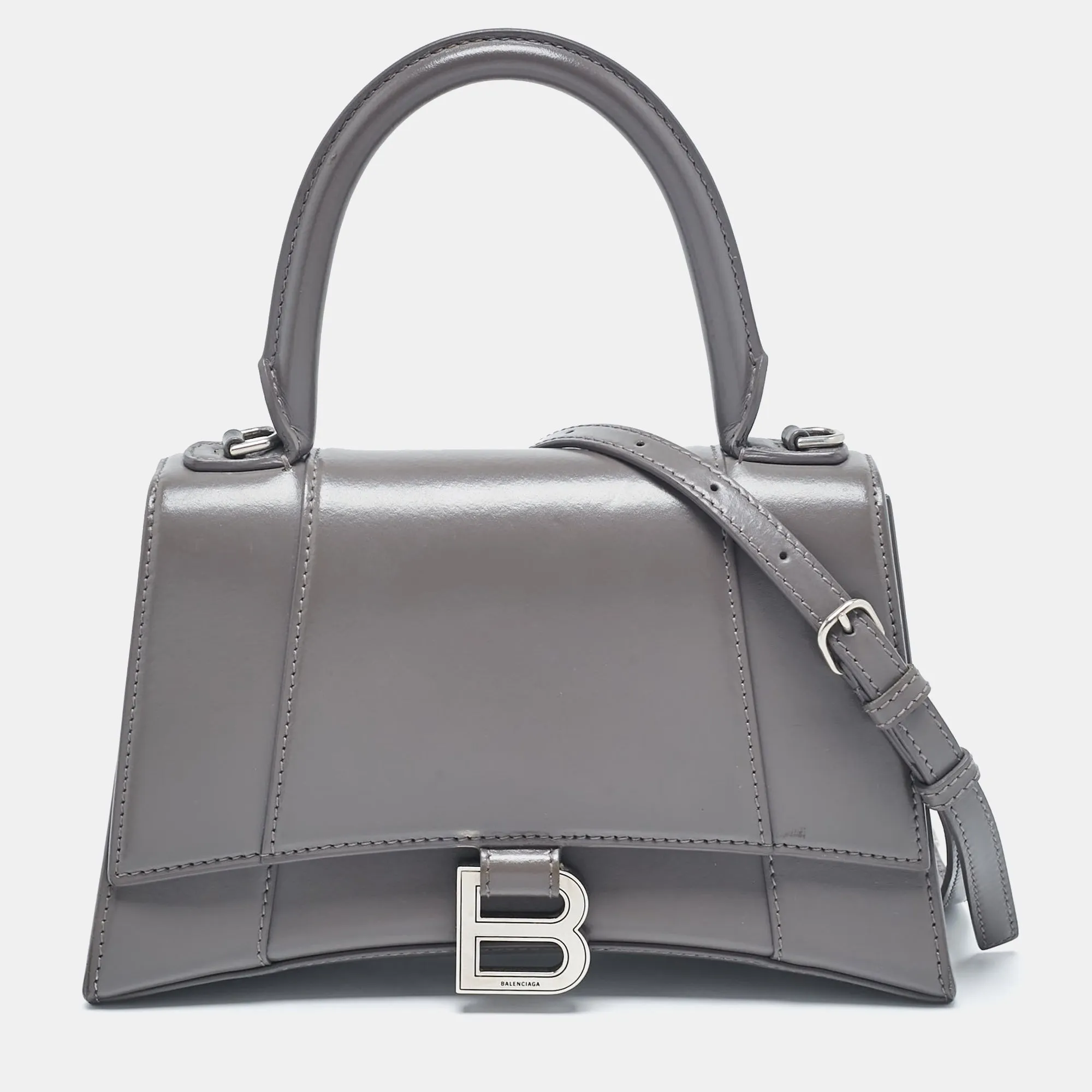 Grey Leather Small Hourglass Top Handle Bag