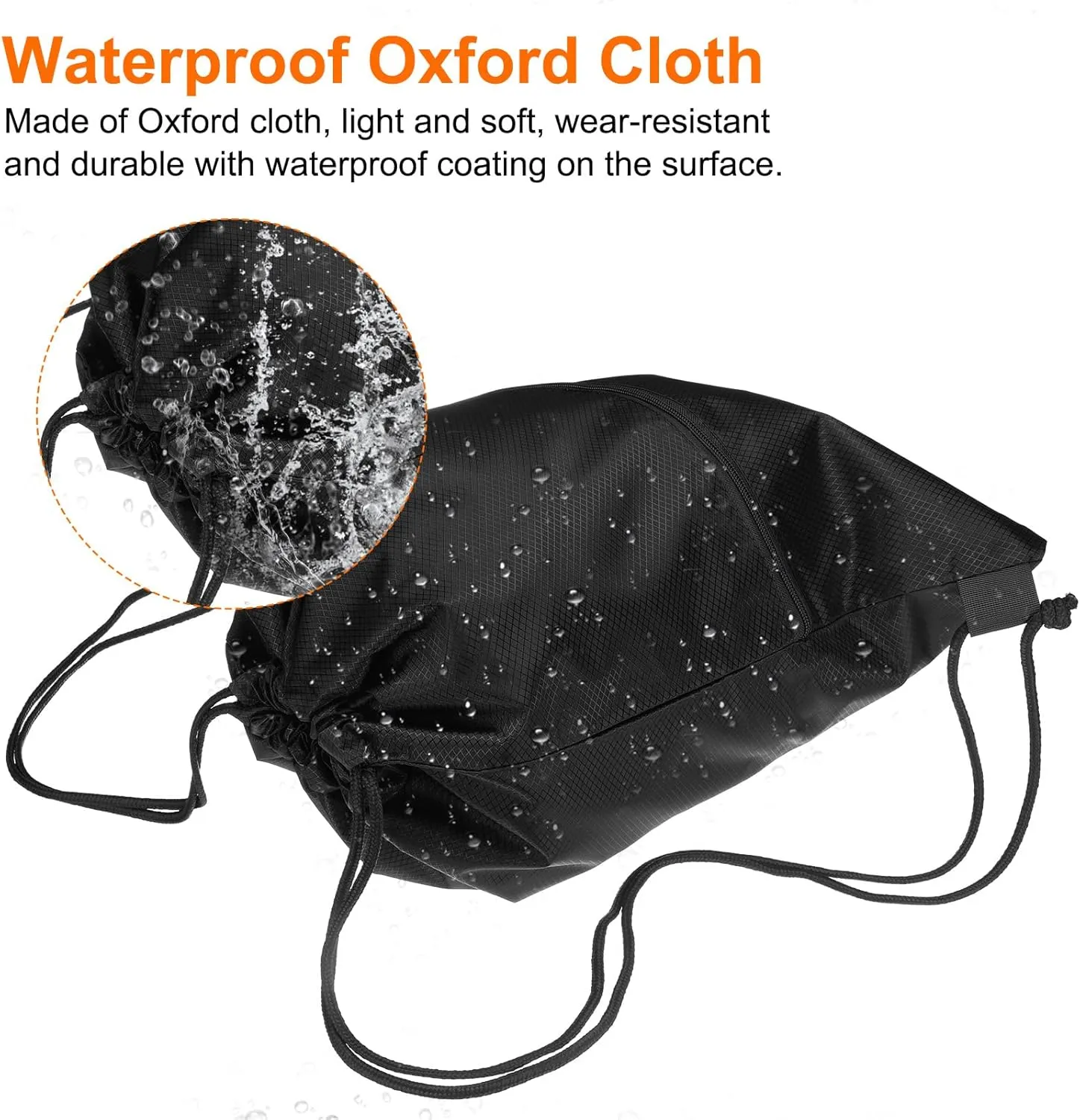 HARFINGTON Drawstring Backpack Bag 14.6" x 17.9" Oxford Cloth Bulk Cinch Sack Unisex Waterproof Draw String Back Sack with Zipper Pockets for Sports Gym Travel Swimming Beach, Black