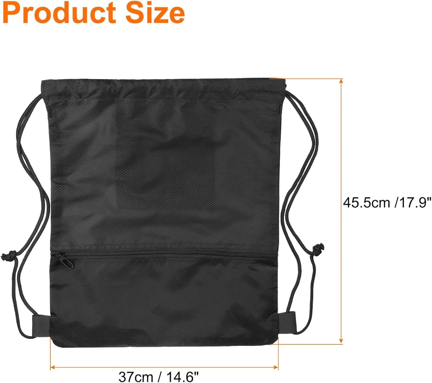HARFINGTON Drawstring Backpack Bag 14.6" x 17.9" Oxford Cloth Bulk Cinch Sack Unisex Waterproof Draw String Back Sack with Zipper Pockets for Sports Gym Travel Swimming Beach, Black
