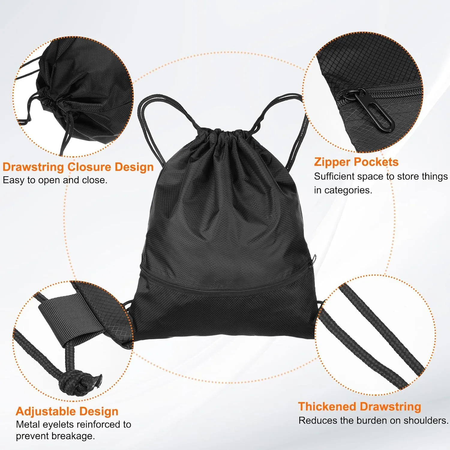 HARFINGTON Drawstring Backpack Bag 14.6" x 17.9" Oxford Cloth Bulk Cinch Sack Unisex Waterproof Draw String Back Sack with Zipper Pockets for Sports Gym Travel Swimming Beach, Black