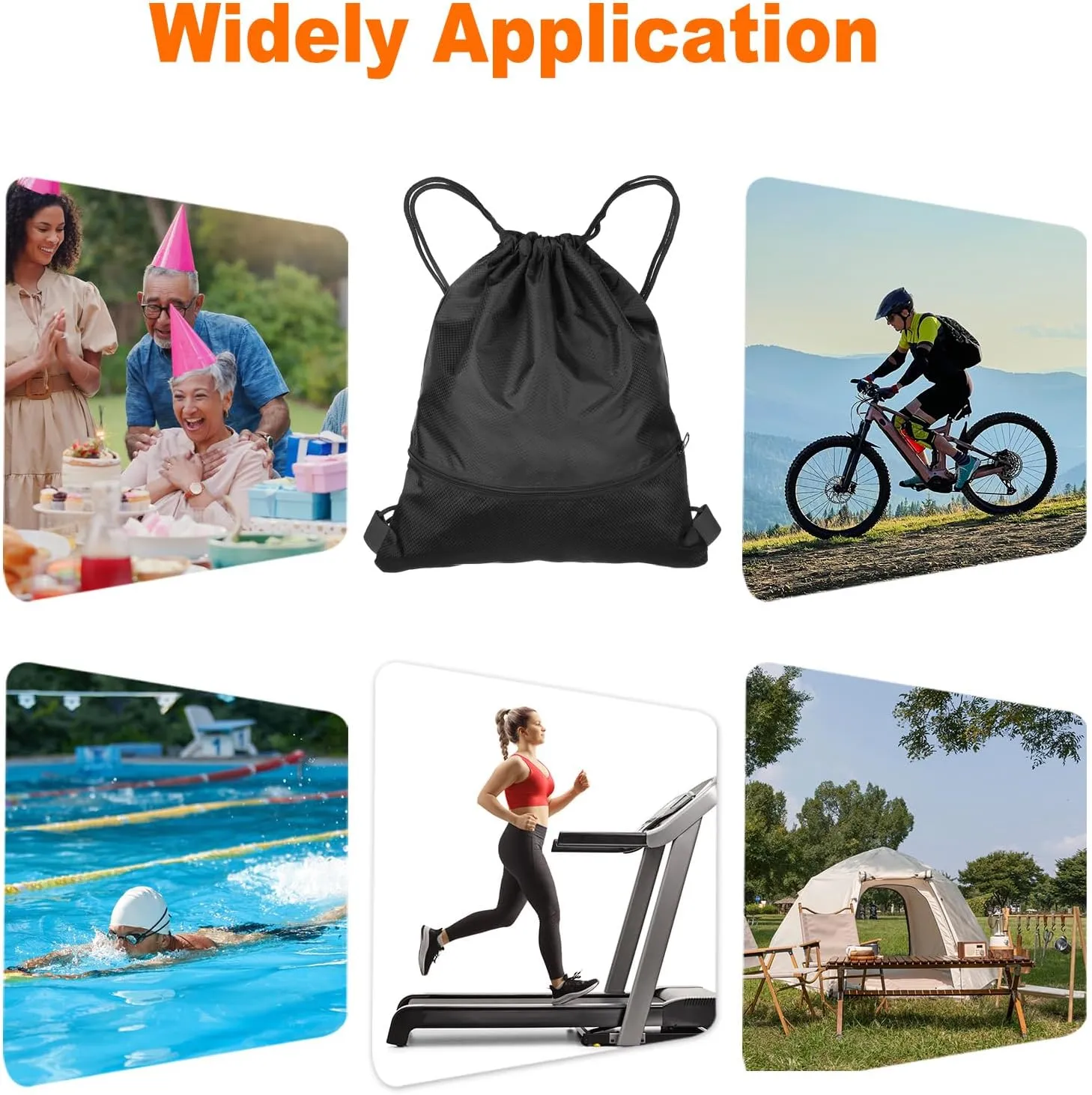 HARFINGTON Drawstring Backpack Bag 14.6" x 17.9" Oxford Cloth Bulk Cinch Sack Unisex Waterproof Draw String Back Sack with Zipper Pockets for Sports Gym Travel Swimming Beach, Black