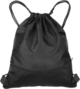 HARFINGTON Drawstring Backpack Bag 14.6" x 17.9" Oxford Cloth Bulk Cinch Sack Unisex Waterproof Draw String Back Sack with Zipper Pockets for Sports Gym Travel Swimming Beach, Black