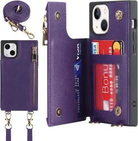 Jaorty Crossbody Wallet Case for iPhone 13 Mini with Card Slot Holder,iPhone 13 Mini Magnetic Flip Folio Purse Case, PU Leather Zipper Handbag with Detachable Lanyard Strap 5.4 Inch (Purple)
