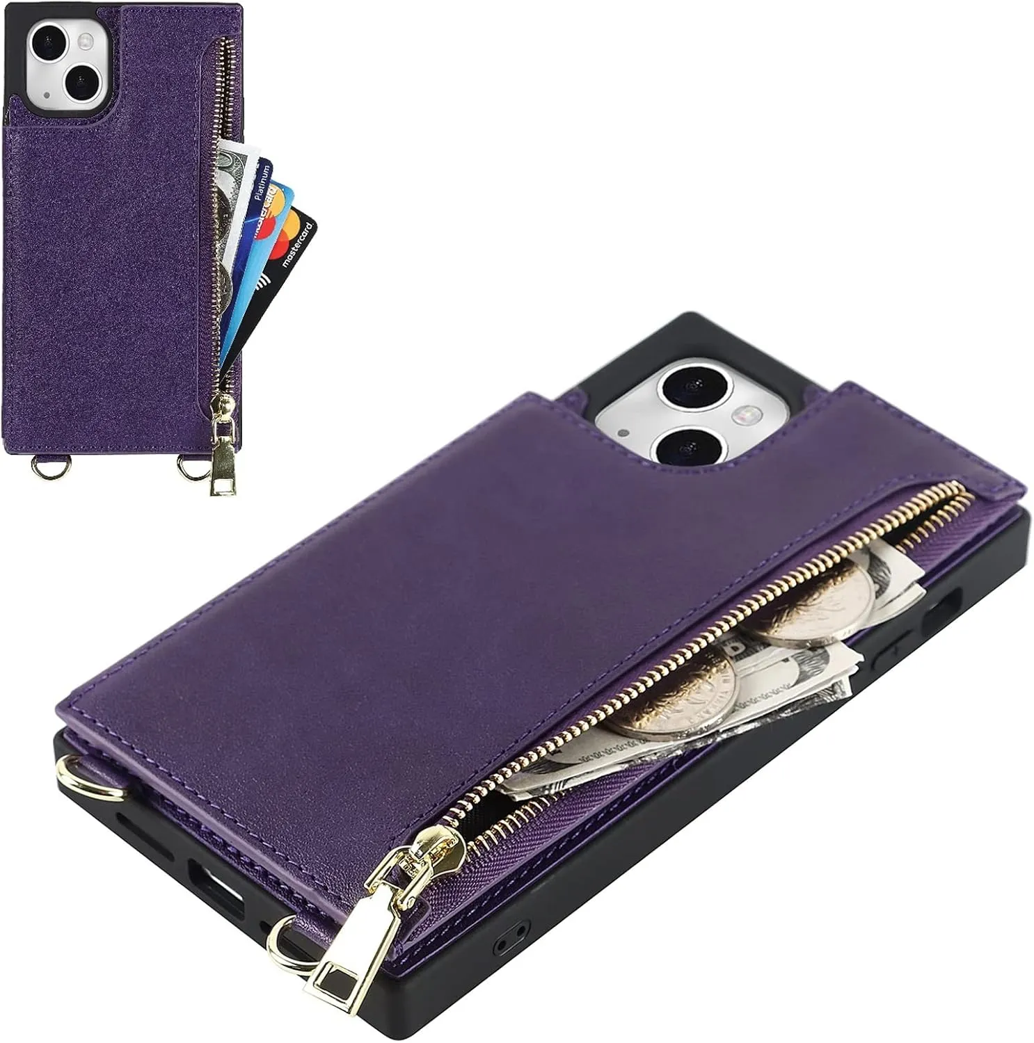 Jaorty Crossbody Wallet Case for iPhone 13 Mini with Card Slot Holder,iPhone 13 Mini Magnetic Flip Folio Purse Case, PU Leather Zipper Handbag with Detachable Lanyard Strap 5.4 Inch (Purple)