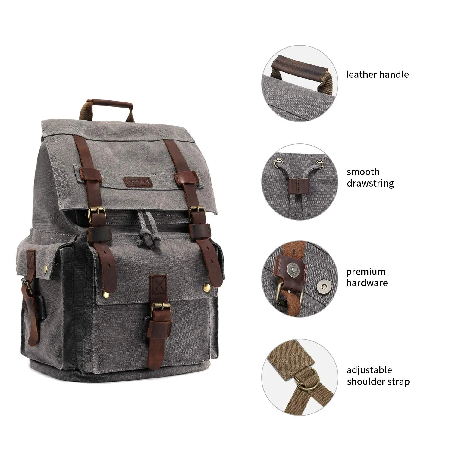 Kattee Men's Leather Canvas Backpack Large School Bag Travel Rucksack Gray