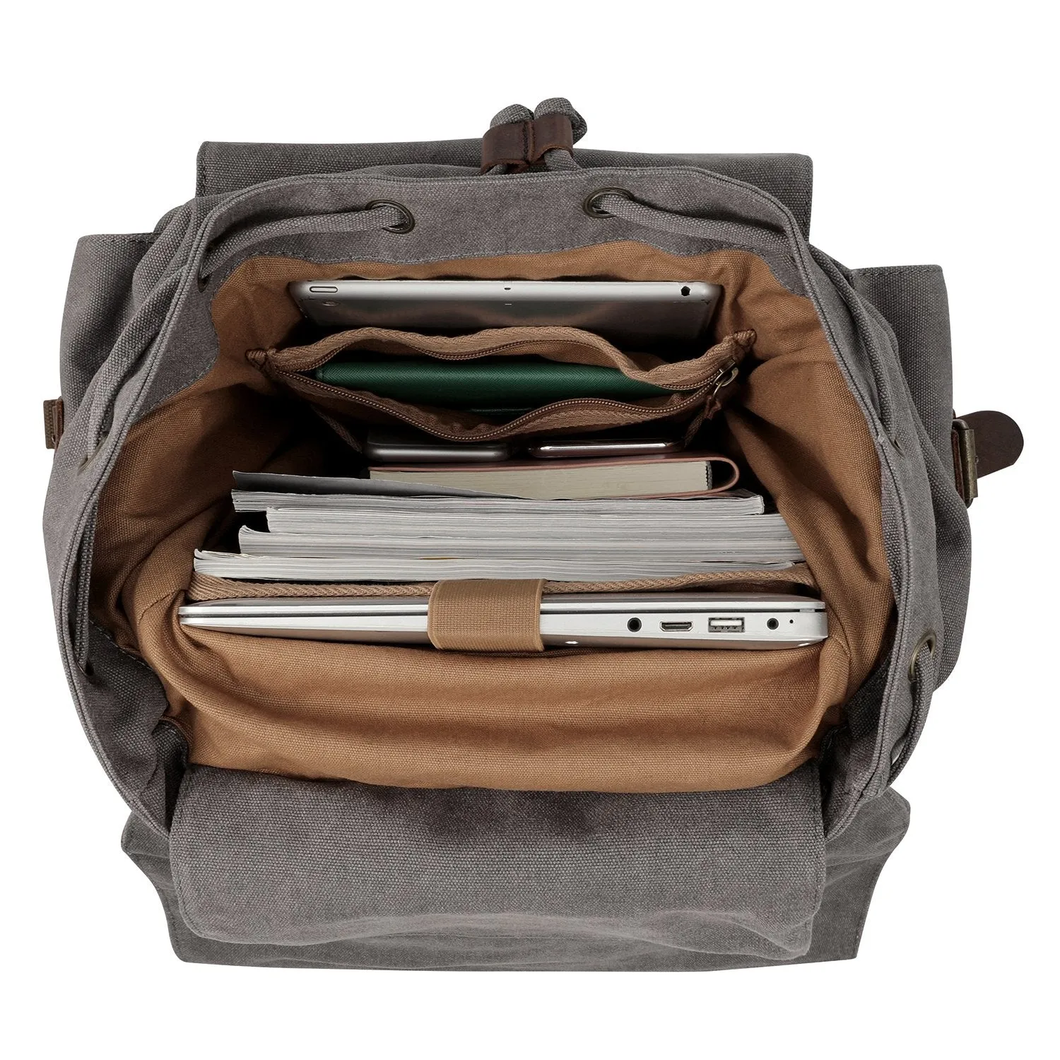 Kattee Men's Leather Canvas Backpack Large School Bag Travel Rucksack Gray