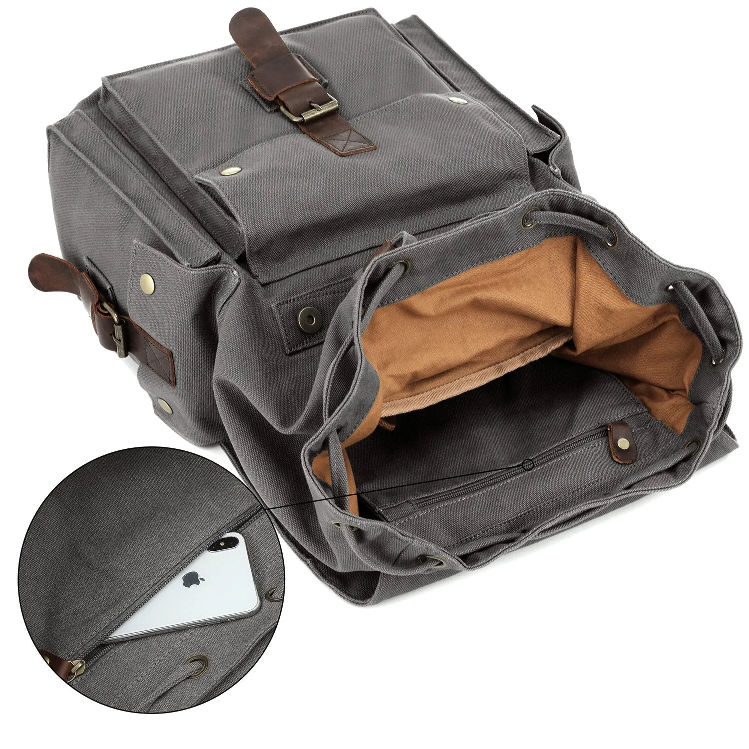Kattee Men's Leather Canvas Backpack Large School Bag Travel Rucksack Gray