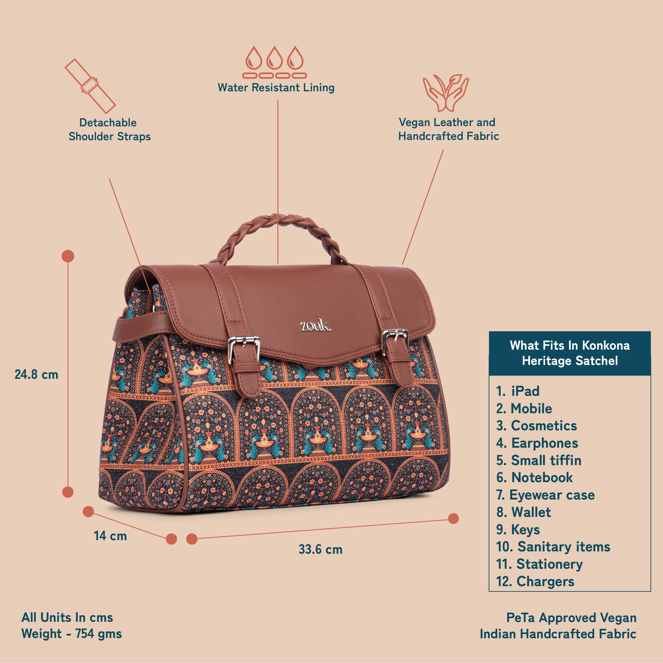Konkona Heritage Satchel Bag - Royal Indian Peacock Motif