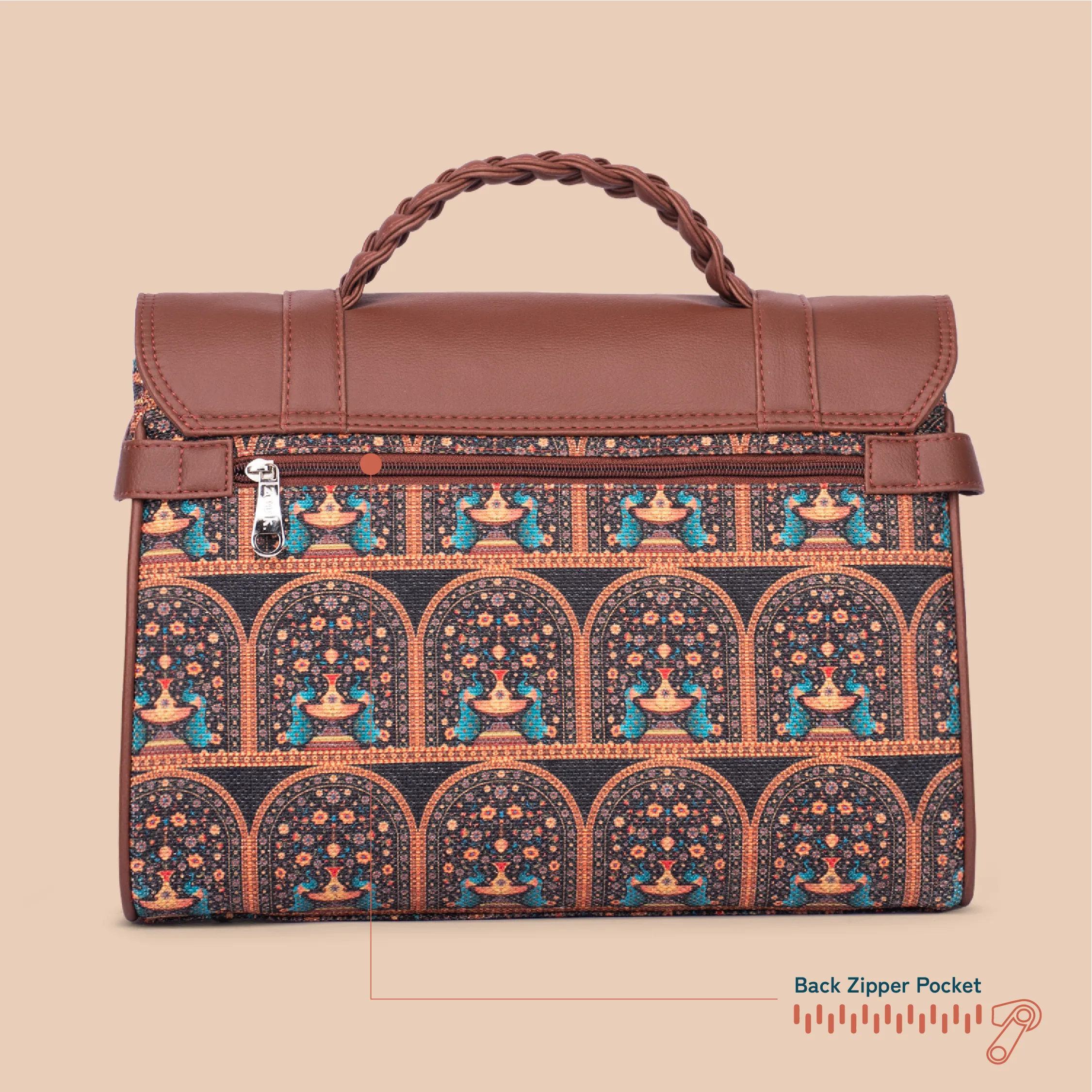 Konkona Heritage Satchel Bag - Royal Indian Peacock Motif