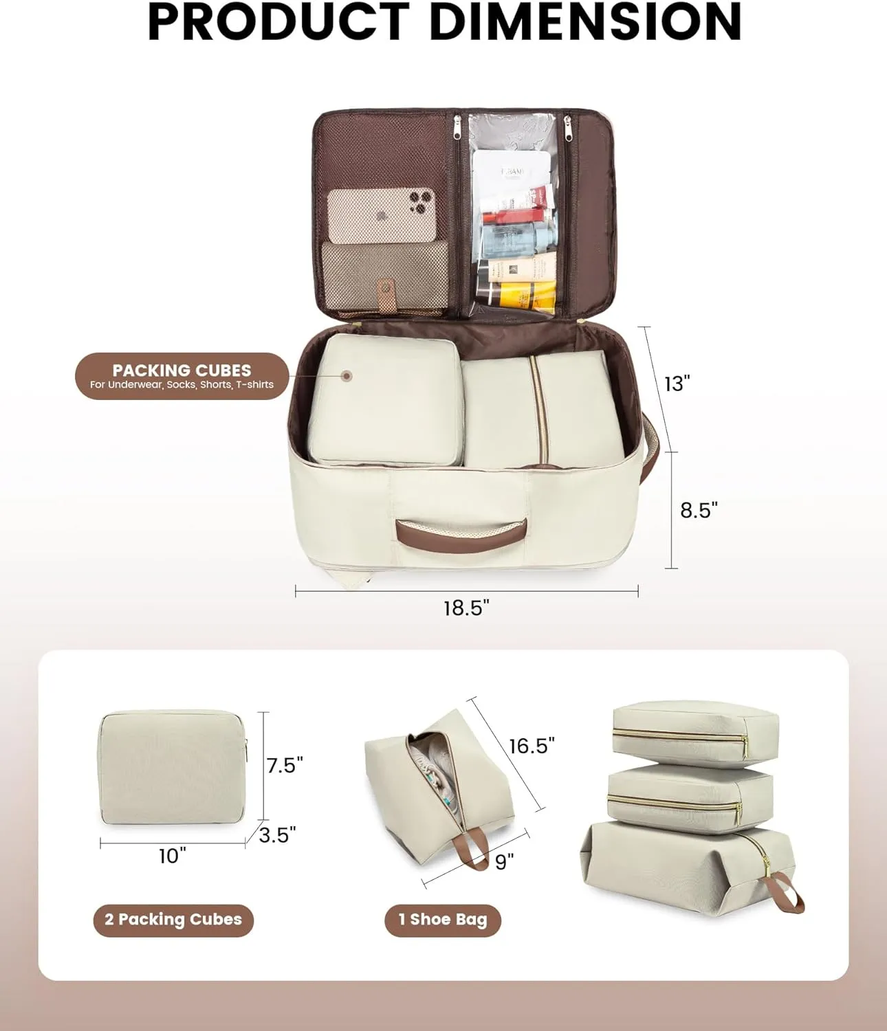 LOVEVOOK Travel Backpack, Carry On Backpack for Women, 40L Flight Approved Personal Item Backpack, Large Water Resistant Luggage Daypack with 3 Packing Cubes, fits 17inch Laptop, Beige-brown