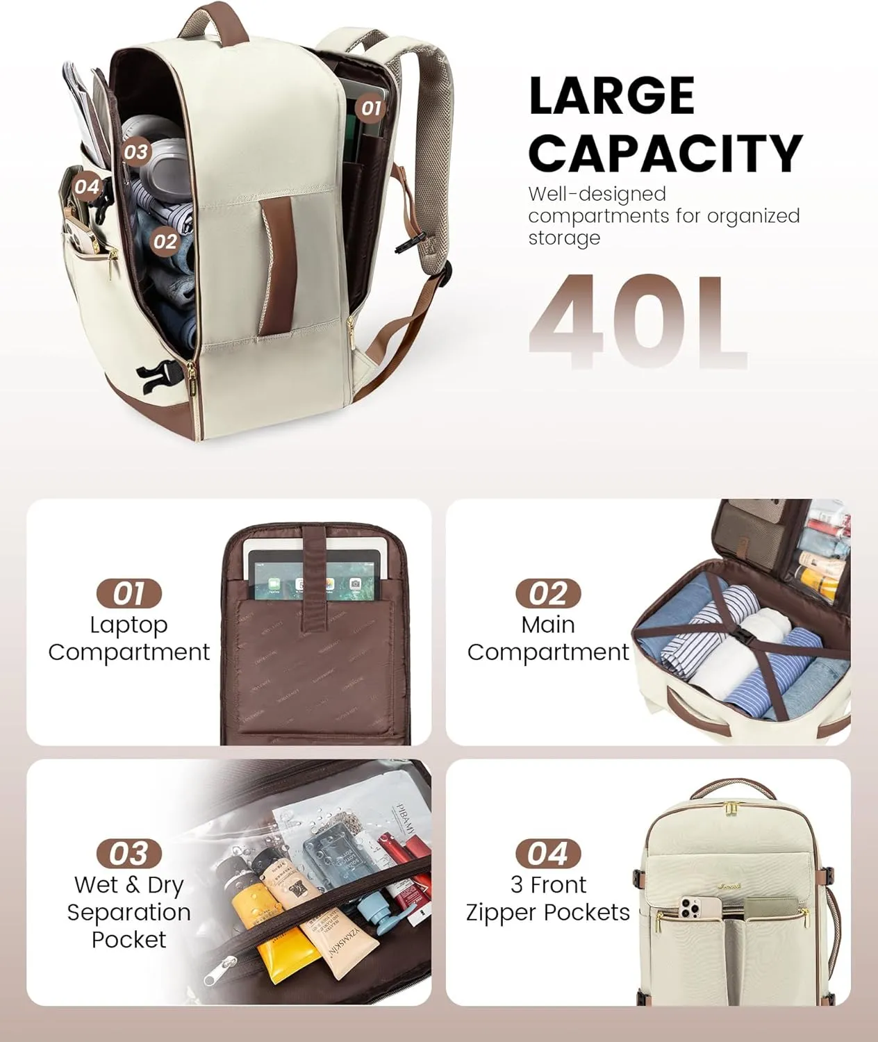 LOVEVOOK Travel Backpack, Carry On Backpack for Women, 40L Flight Approved Personal Item Backpack, Large Water Resistant Luggage Daypack with 3 Packing Cubes, fits 17inch Laptop, Beige-brown