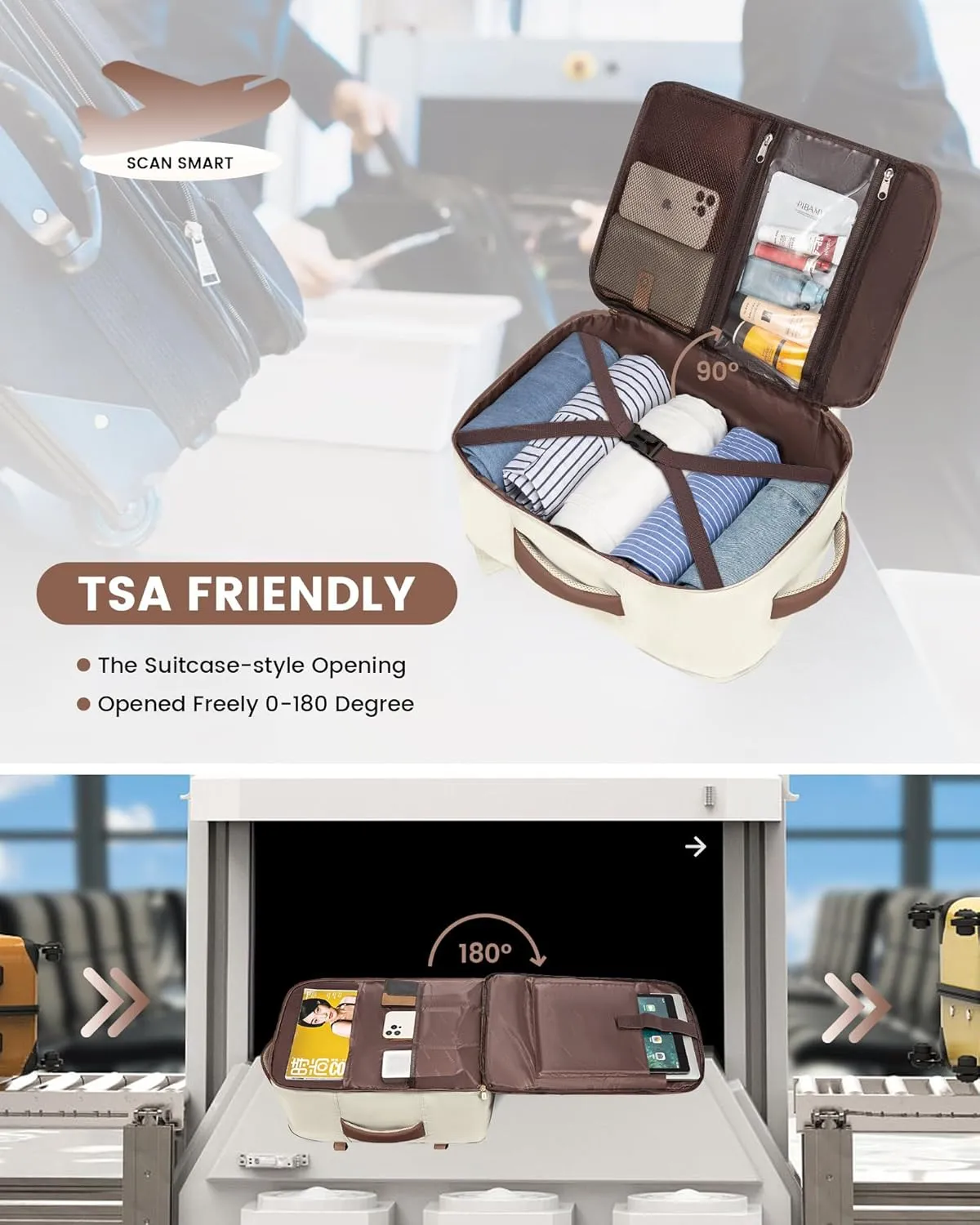 LOVEVOOK Travel Backpack, Carry On Backpack for Women, 40L Flight Approved Personal Item Backpack, Large Water Resistant Luggage Daypack with 3 Packing Cubes, fits 17inch Laptop, Beige-brown