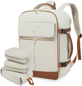LOVEVOOK Travel Backpack, Carry On Backpack for Women, 40L Flight Approved Personal Item Backpack, Large Water Resistant Luggage Daypack with 3 Packing Cubes, fits 17inch Laptop, Beige-brown