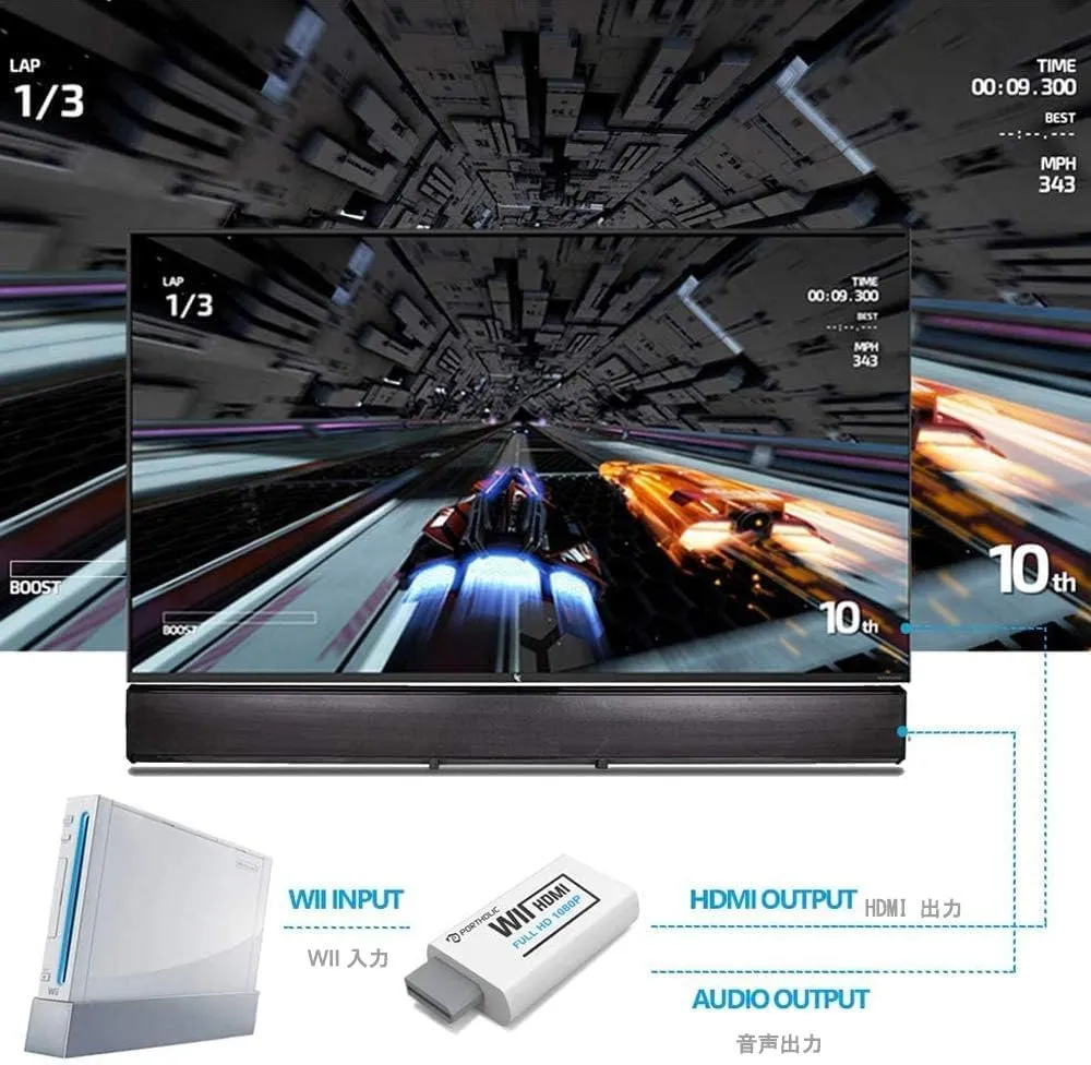PORTHOLIC Wii to HDMI Converter 1080P for Full HD Device, Wii HDMI Adapter with 3,5mm Audio Jack&HDMI Output Compatible with Wii, Wii U, HDTV, Monitor-Supports All Wii Display Modes 720P, NTS