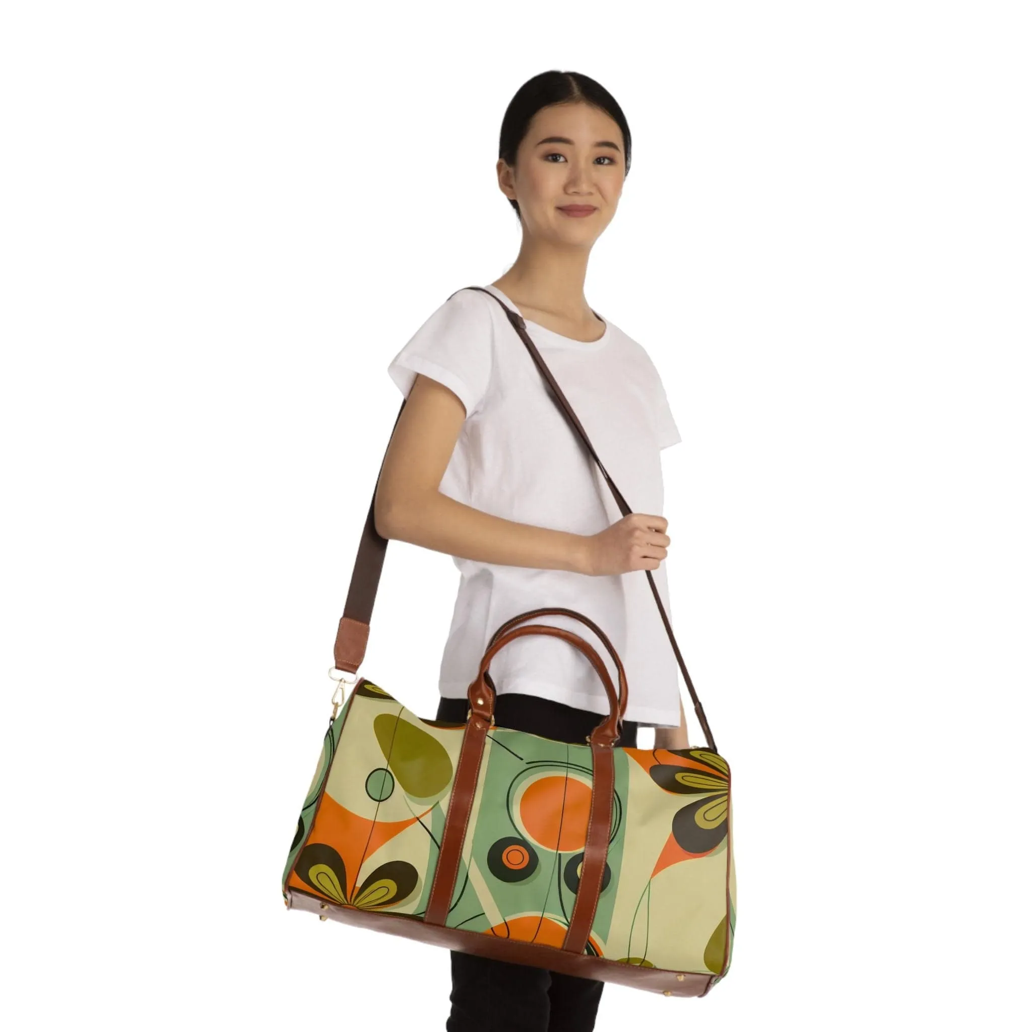 Retro 60s Mid Mod Daisy Travel Bag, MCM Geometric Duffel Bag, Leather, Fabric Carry on Bag, Weekender Bag - 123581223