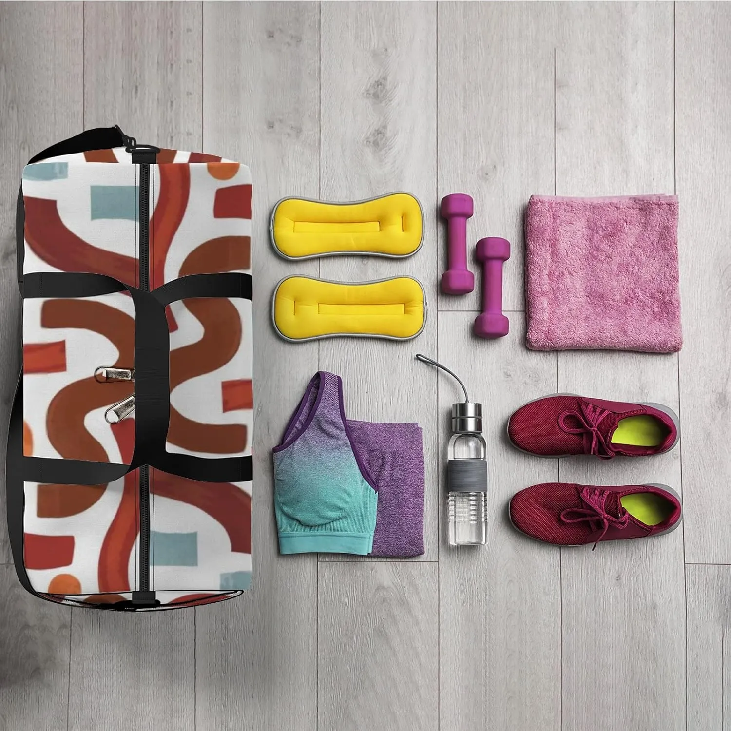 Sports Gym Bag for Women and Men Waterproof Abstract Geometric Shapes Boho Style Red Duffel Bag Lightweight Carryon Traveling Boarding Gripsack