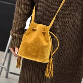 Sueded Leather Vintage Bucket Crossbody Purse