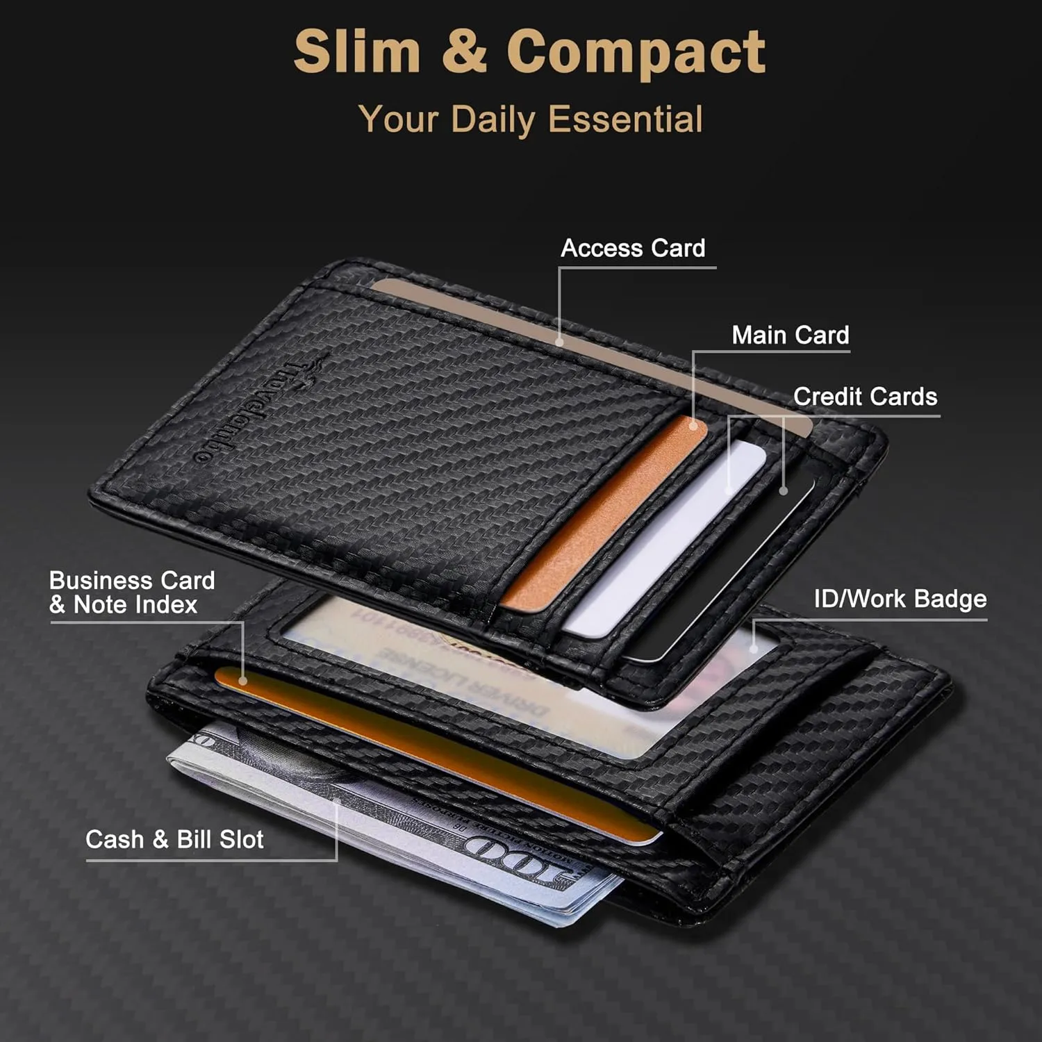 Travelambo Slim Wallet Front Pocket Minimalist Leather RFID Blocking Medium Size