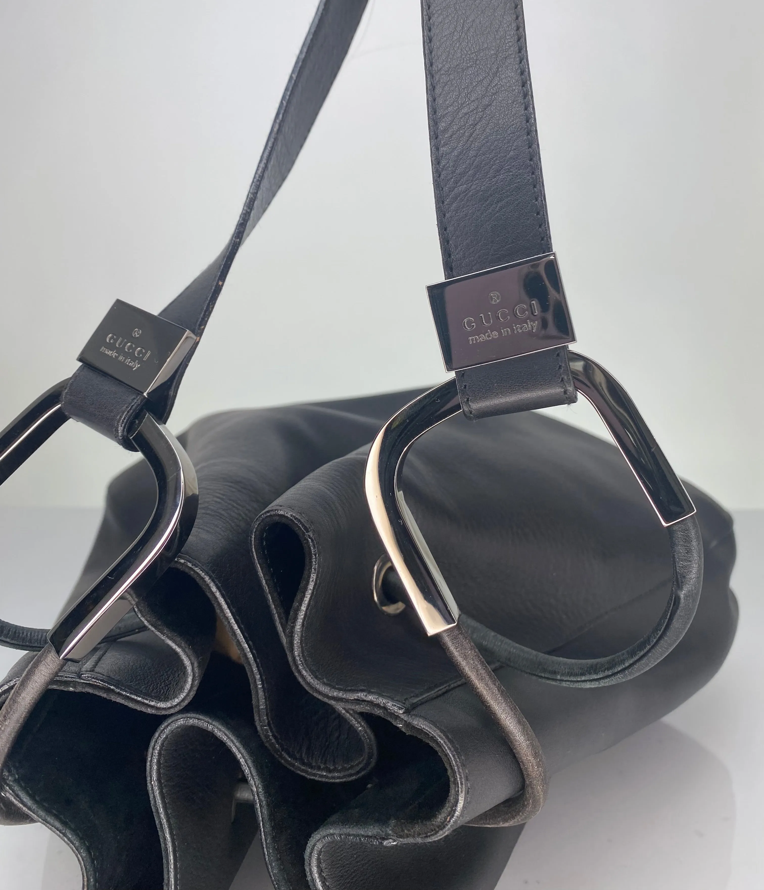 Vintage Gucci Black Leather Drawstring Bucket Bag