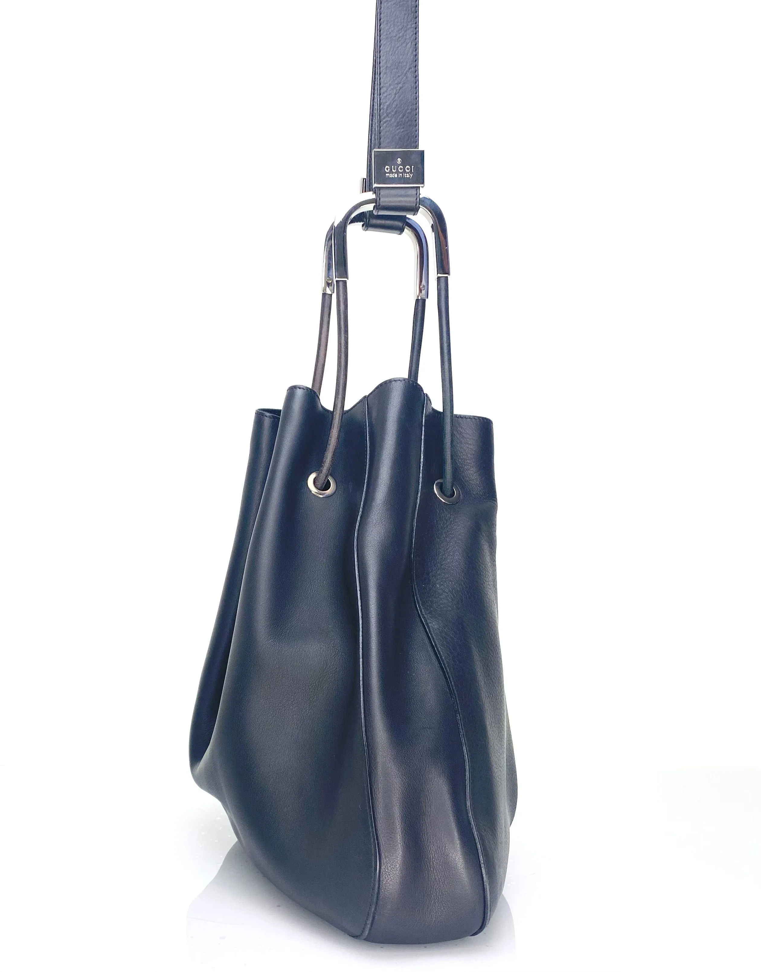 Vintage Gucci Black Leather Drawstring Bucket Bag
