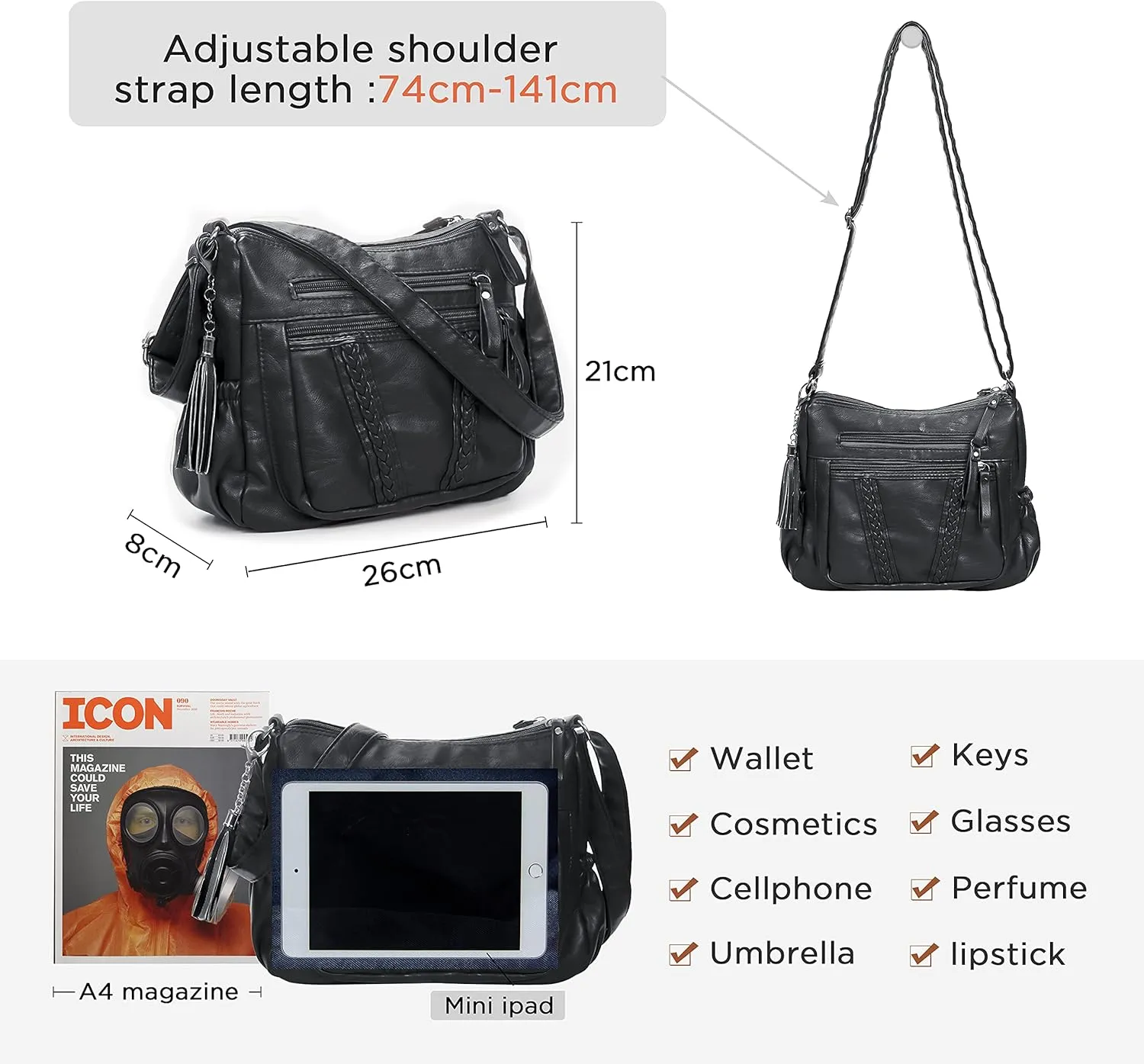 VOLGANIK ROCK Crossbody Bag for Women with Tassel Ladies Soft PU leather Purses and Handbag Pocketbooks