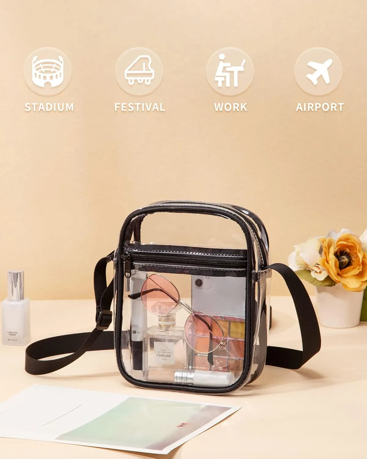 Vorspack Stadium Approved PVC Purse - Clear Crossbody Bag with Front Pocket for Concerts, Sports, Festivals